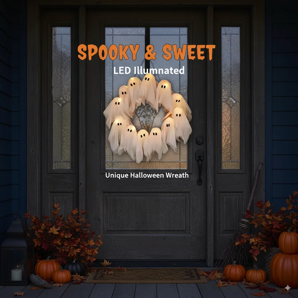 

Spooky LED Ghost Wreath For Halloween Indoor Outdoor Wall Hanging Decor Front Door 12 Light Up Ghosts Holiday Home Decoration