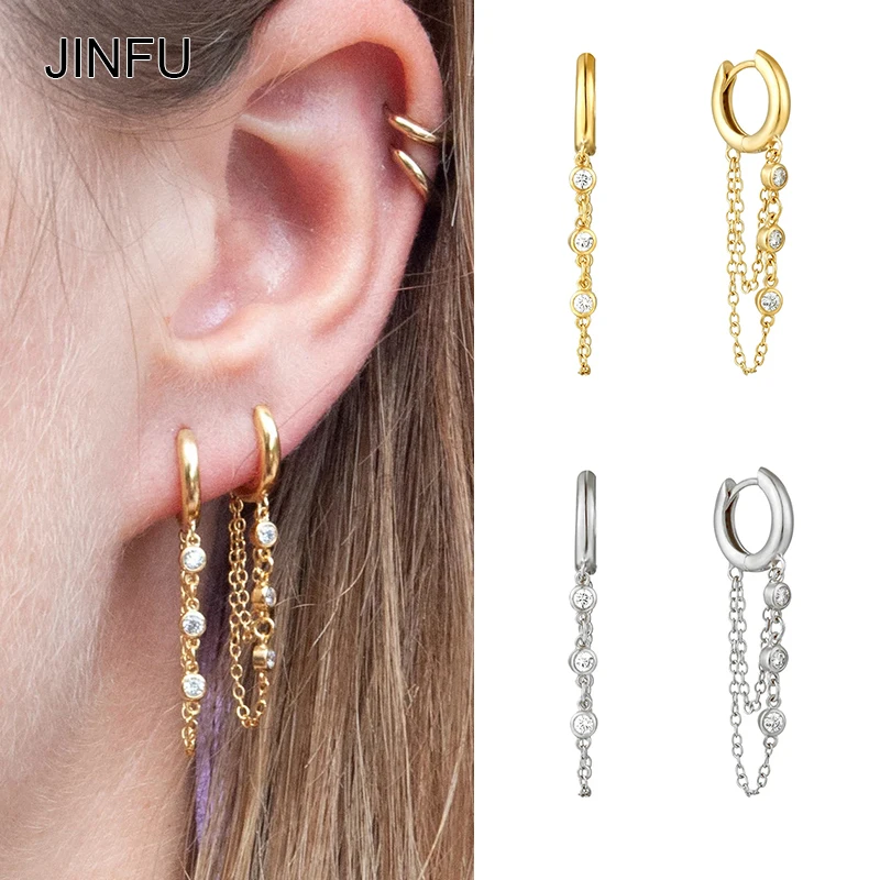 JINFU Gold-plated Hoop Earrings for Women CZ Zircon Piercing Women's Initial Chain Earrings 2022 Party Jewelry Wholesale