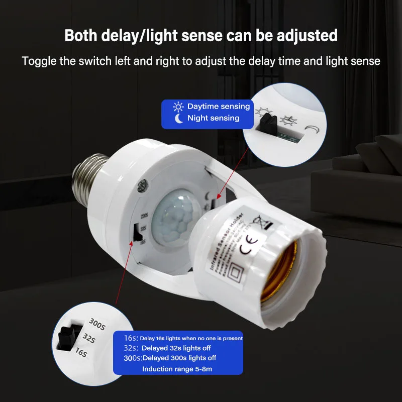 Smart E27 PIR Motion Sensor Light Switch 110V 240V Detector Base Lamp Holder Time Delay Adjust Control Bulb Socket