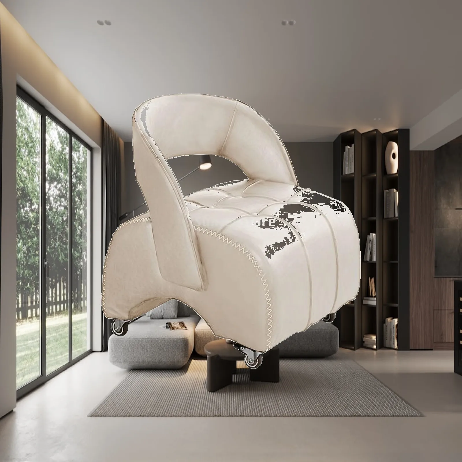 Mobile Rolling Seat for Vanity Table and Study Desk with Tufted Leather Cushion and Sturdy Caster Base