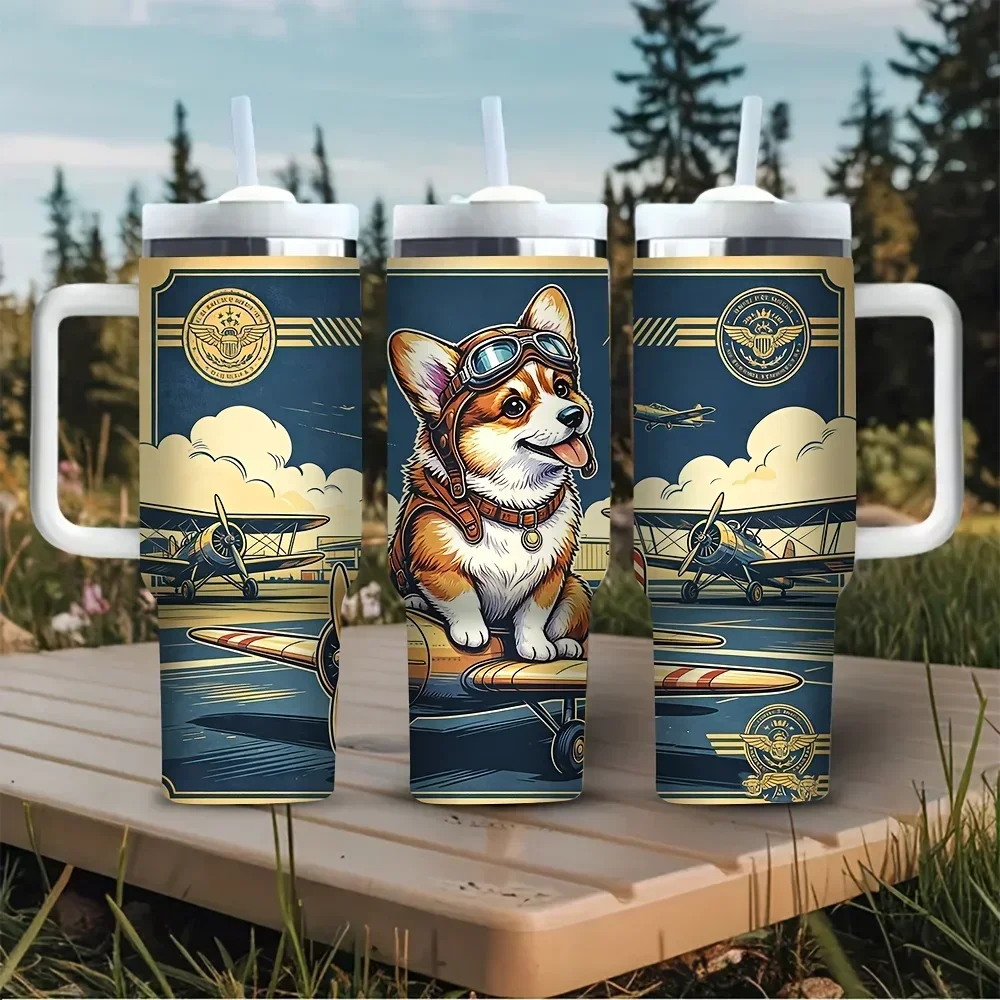 Vintage Cute Corgi Aircraft Printed 40oz Tumbler with Handle, Suitable for Dog And Aviation Lovers, Fits Hot And Cold Drinks, Ideal for Daily Use, Outdoor Travel And Indoor Activities