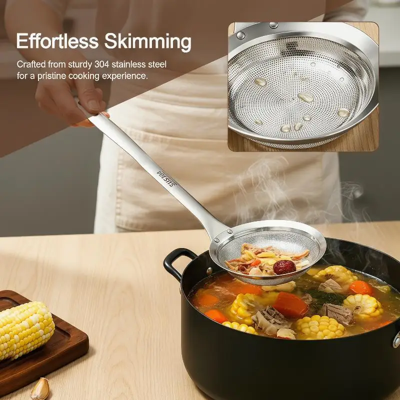 316 Stainless Steel Fine Mesh Grease Skimmer Spoon Oil Dregs Foam Remover for Restaurant Home Soup Cooking