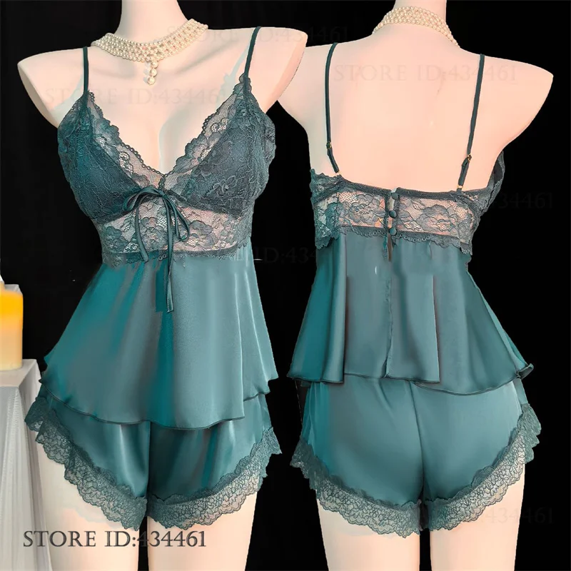 Sexy Mujer Pajamas Lingerie Set Patchwork Hollow Out Lace Sleepwear Suspender Pijamas Suit Summer New Silk Satin Homewear Pyjama