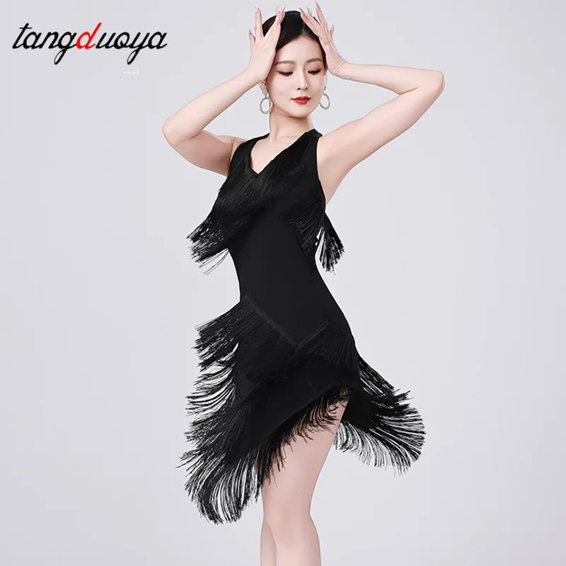 여성 라틴 댄스 섹시한 프린지 스커트 라틴 댄스 스커트 브이넥 파티 댄스 드레스 공연 무대 대회 의상