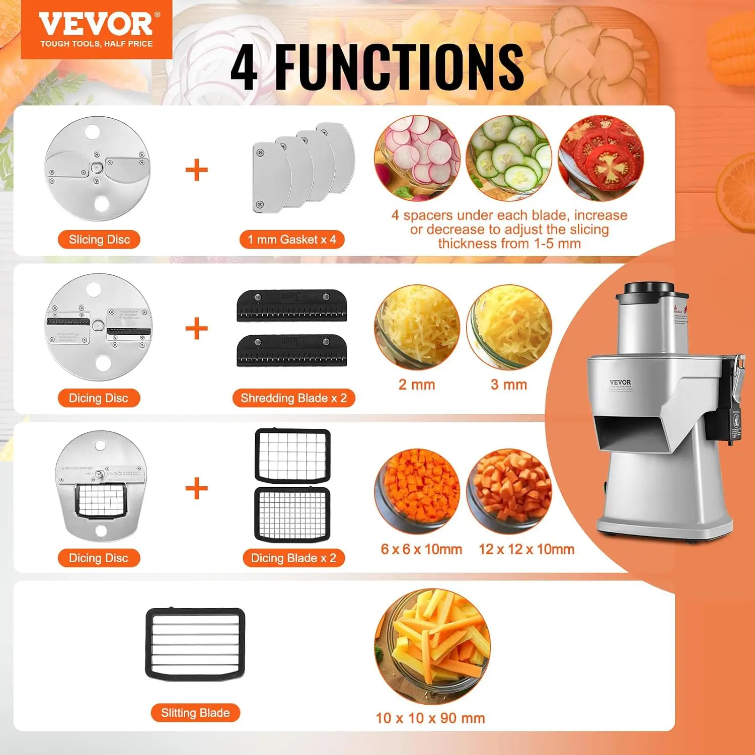 Electric Vegetable Slicer, 4 in 1 Multifunctional Food Cutter, 200W Vegetable Chopper for Slicing Shredding Dicing and Slitting,