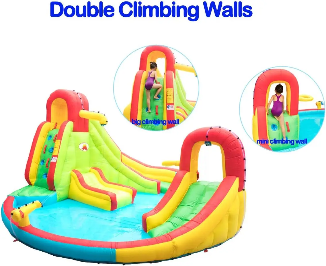 Water Park with Blower Dual Water Slide, Climbing Wall, Water Gun, Splash Pool, Lounge, Basketball Hoop and Big Slide