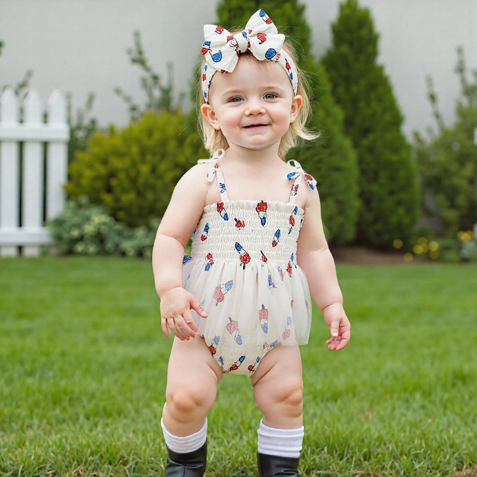 Sleeveless Mesh Baby Girls Romper Dress Summer Newborn 4th of July Outfit Popsicle Print Patchwork Bodysuit Headband Clothes