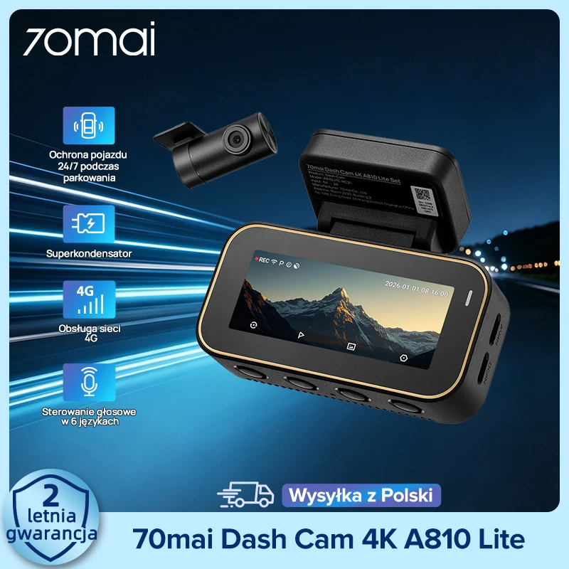 70mai Dashcam A810Lite 4K HDR Nachtsicht Superkondensator Intelligente Sprachsteuerung Unterstützt 4G LTE Auto-DVR Eingebautes GPS Wi-Fi6 24-Stunden-Parküberwachung