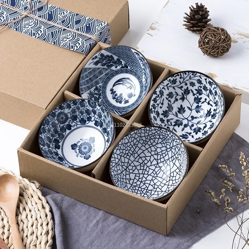 2/4/6 unids/set creativo japonés conjunto de cuencos para el hogar cuenco de porcelana azul y blanca caja de regalo tazón de sopa de arroz para regalo de boda