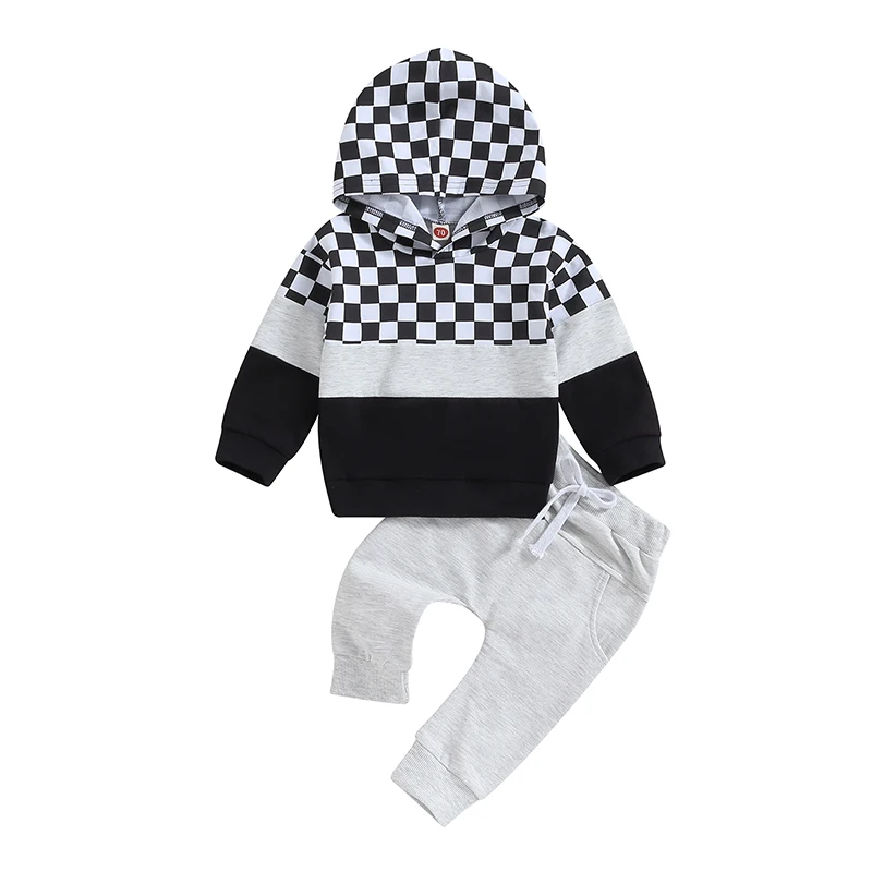 

Baby Boys Pants Set Long Sleeve Hooded Plaid Hoodie with Elastic Waist Sweatpants Infant Clothes