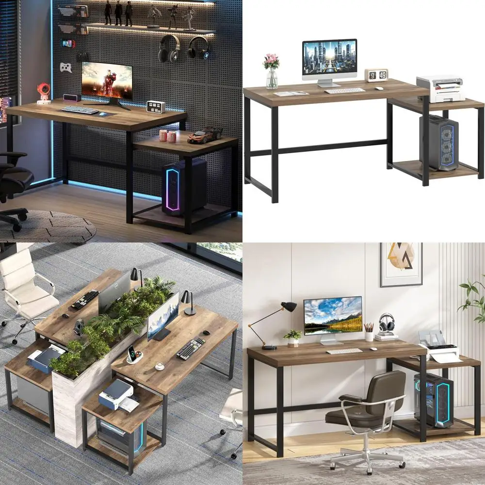 63 Rustic Oak Large Desk with Printer & PC Tower Storage, Home Office Workstation with Shelves for Writing, Study, Gaming