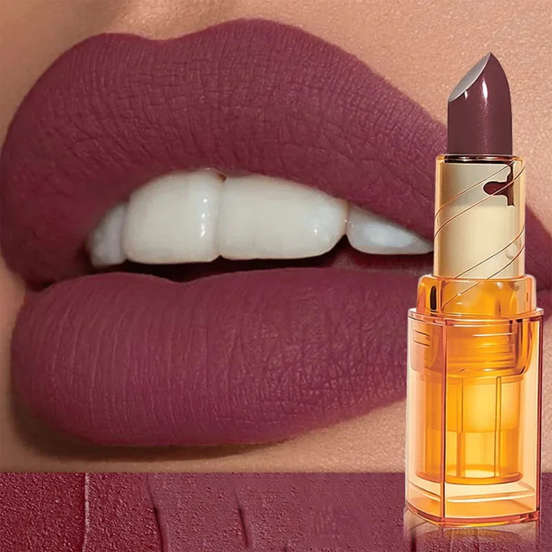 Transparent Amber Tube Velvet Matte Lipstick Retro Dark Shade Long Lasting Hydrating European American Style Lip Makeup