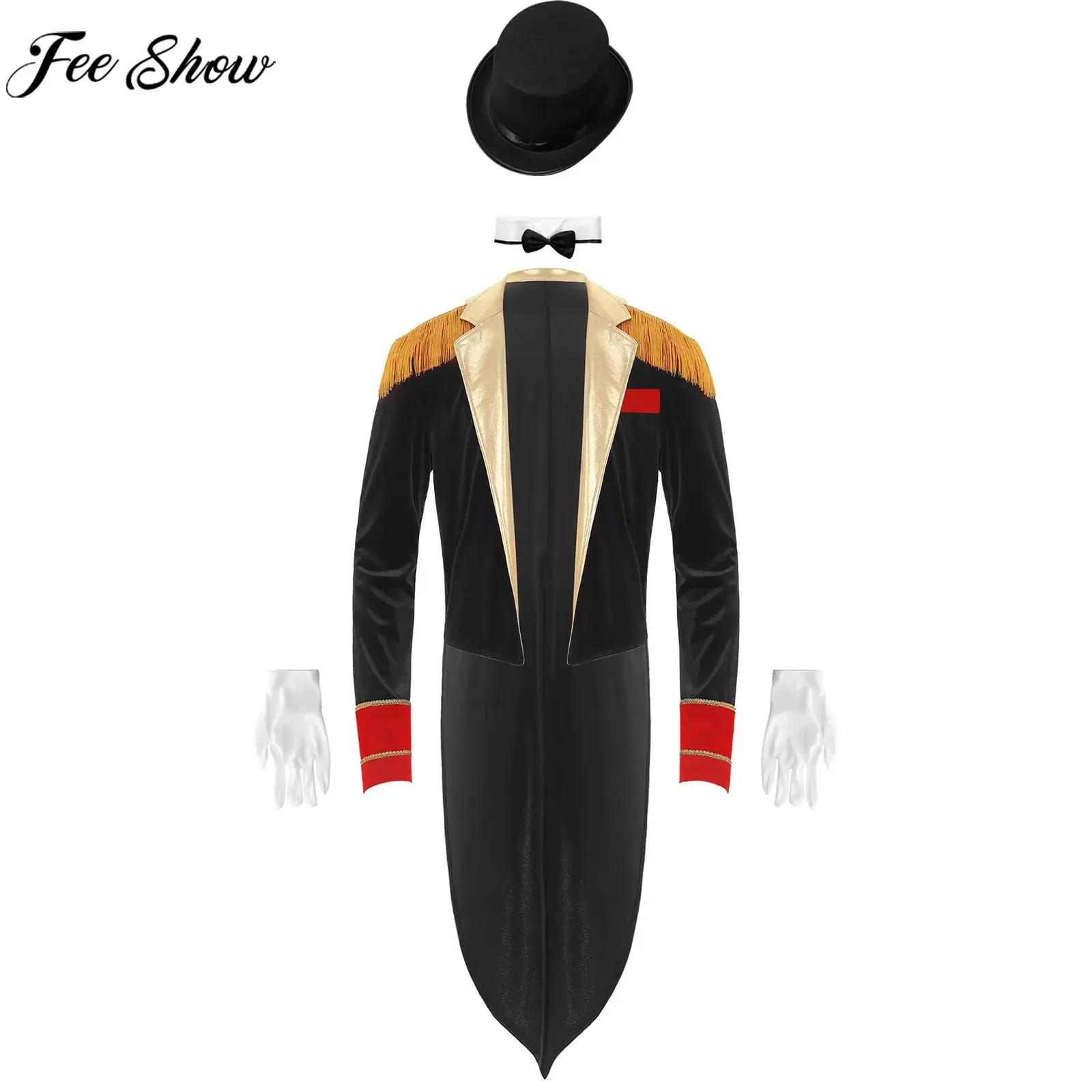 Circo Ringmaster Cosplay Performance Traje para Homens, Tailcoat, Jaqueta, Chapéu, Colarinho, Luvas, Conjunto para Festa Temática, Carnaval, Dia das Bruxas