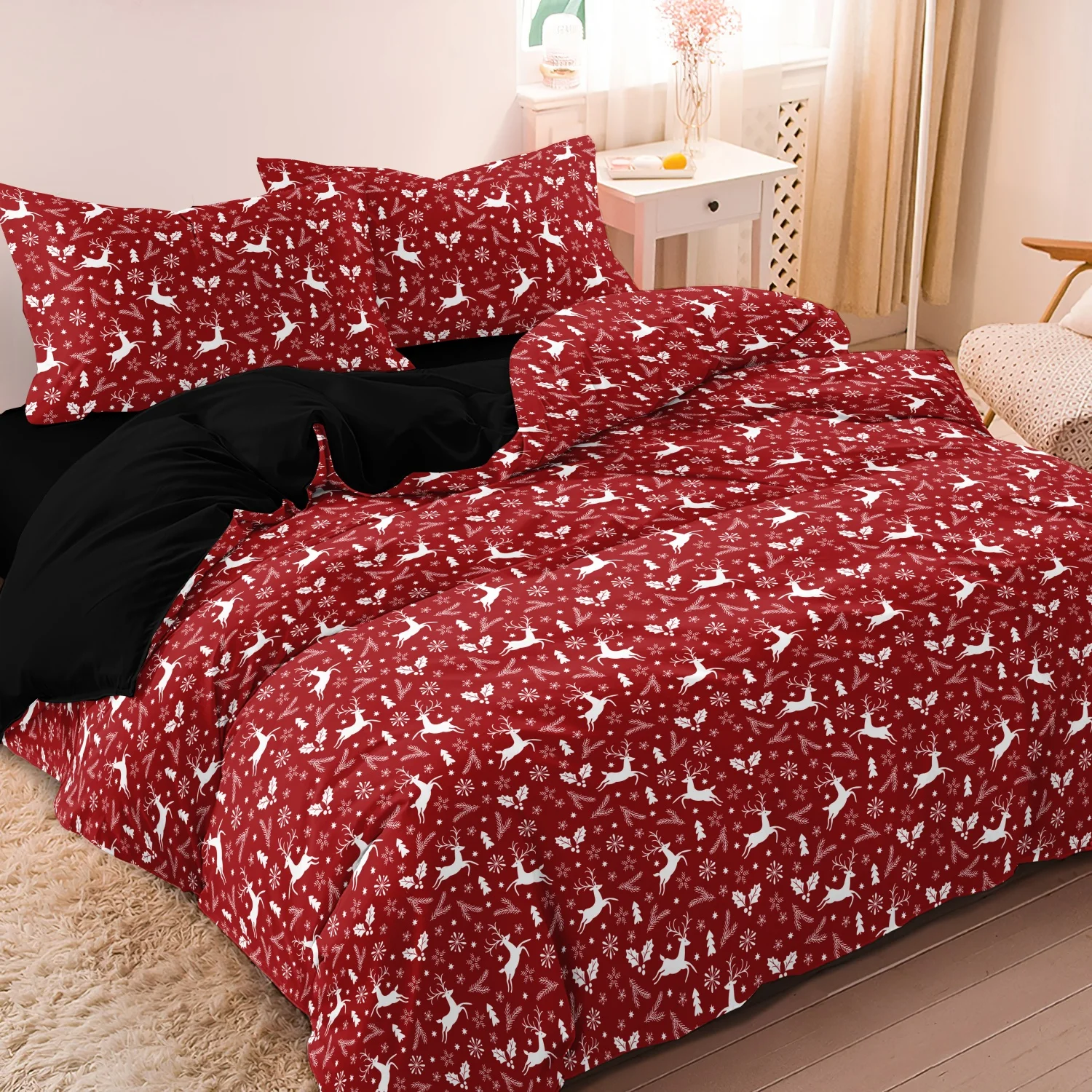 3Pcs Red Background with White Reindeer, Snowflake and Pine Twig Print Duvet Cover Set, Red Reindeer Christmas Bedding