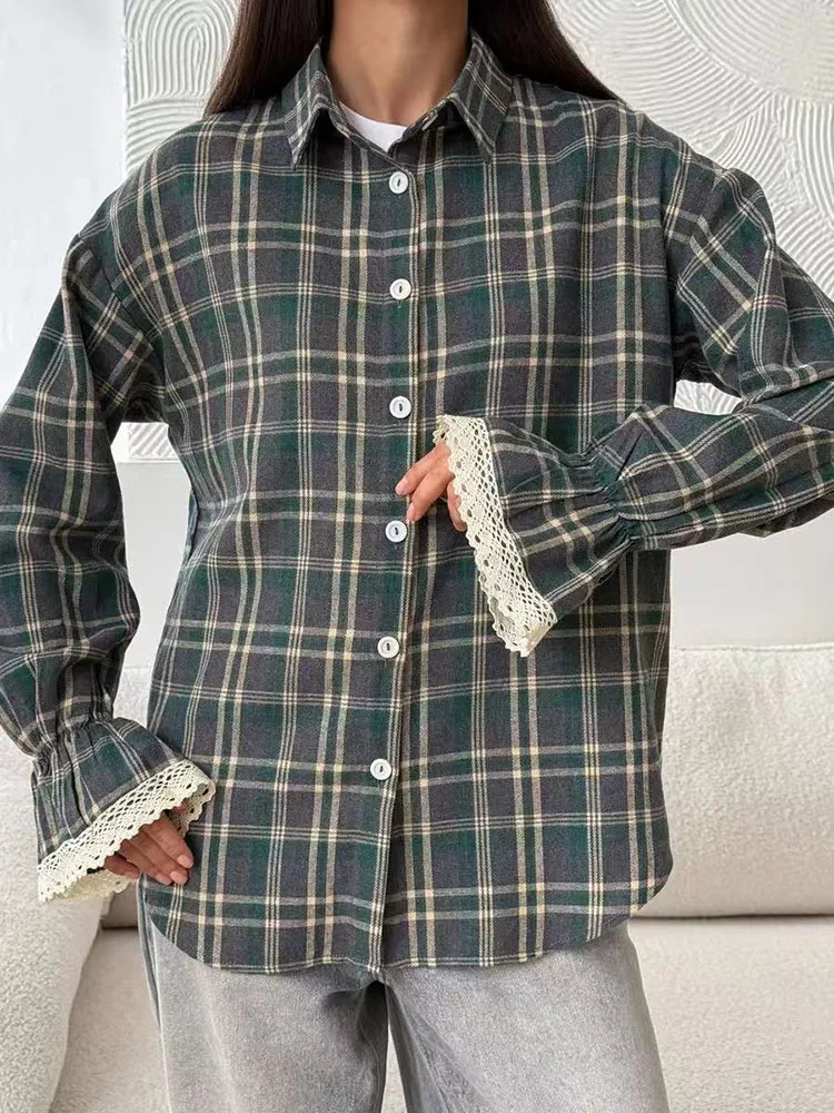 Vintage Plaid Shirt for Women Autumn Loose Single Breasted Female Blouse American Streetwear Lapel Casual Shirts Mujer New