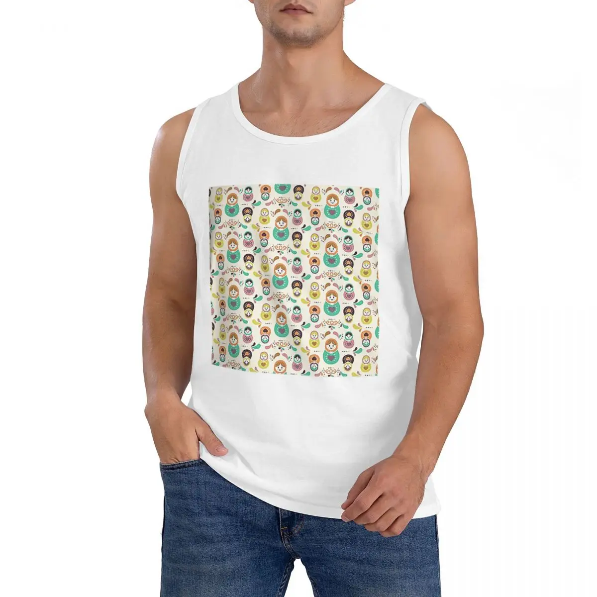 100% Cotton Matryoshka Pattern Sleeveless T-Shirt Men Workout Sports Clothing Tops Men's Crew Neck Vest