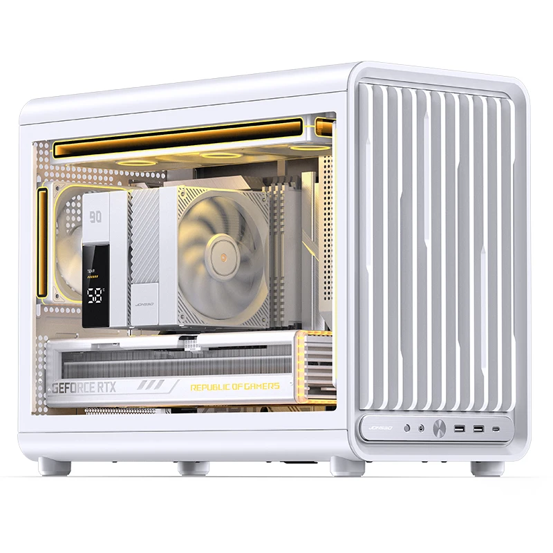 JONSBO D33 화이트/블랙 M-ATX 데스크탑 컴퓨터 케이스 (투명 측면 자석 그릴 패널, 후면 플러그 마더보드 디자인)