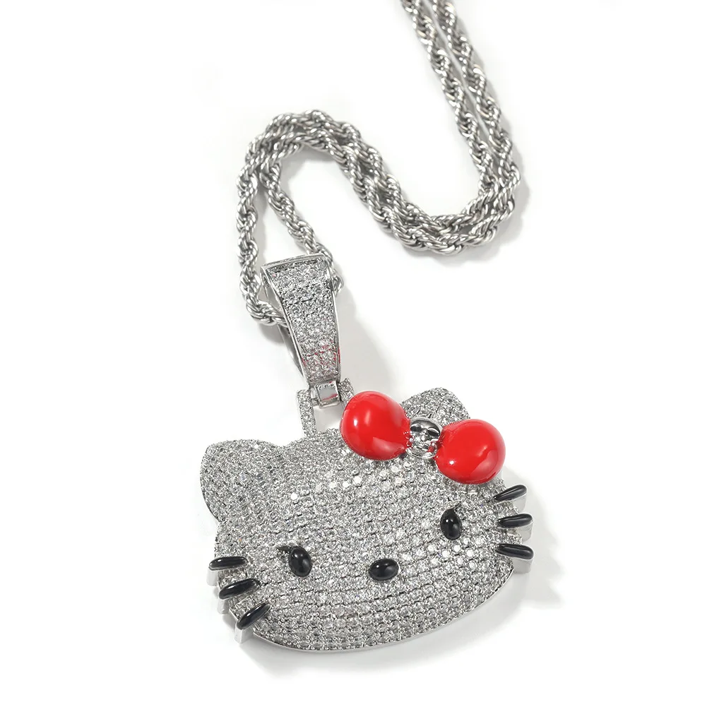 Collier avec Pendentif en Diamant Sanurgente Hello Kitty pour Fille, Bijoux Kawaii, Style Cubain, JoHip Hop, Cadeau