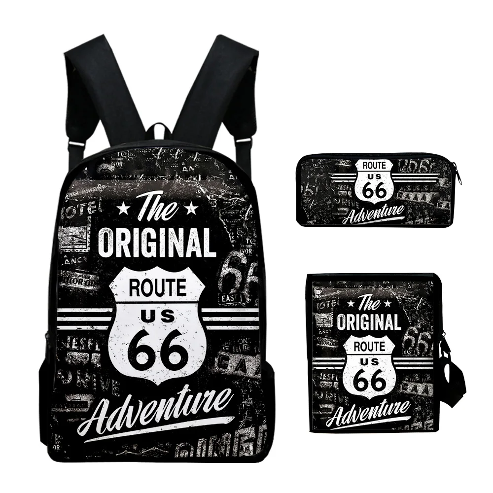 Hip Hop Youthful Funny route 66 3D Print 3pcs/Set Student Travel bags Laptop Daypack Backpack Shoulder Bag Pencil Case