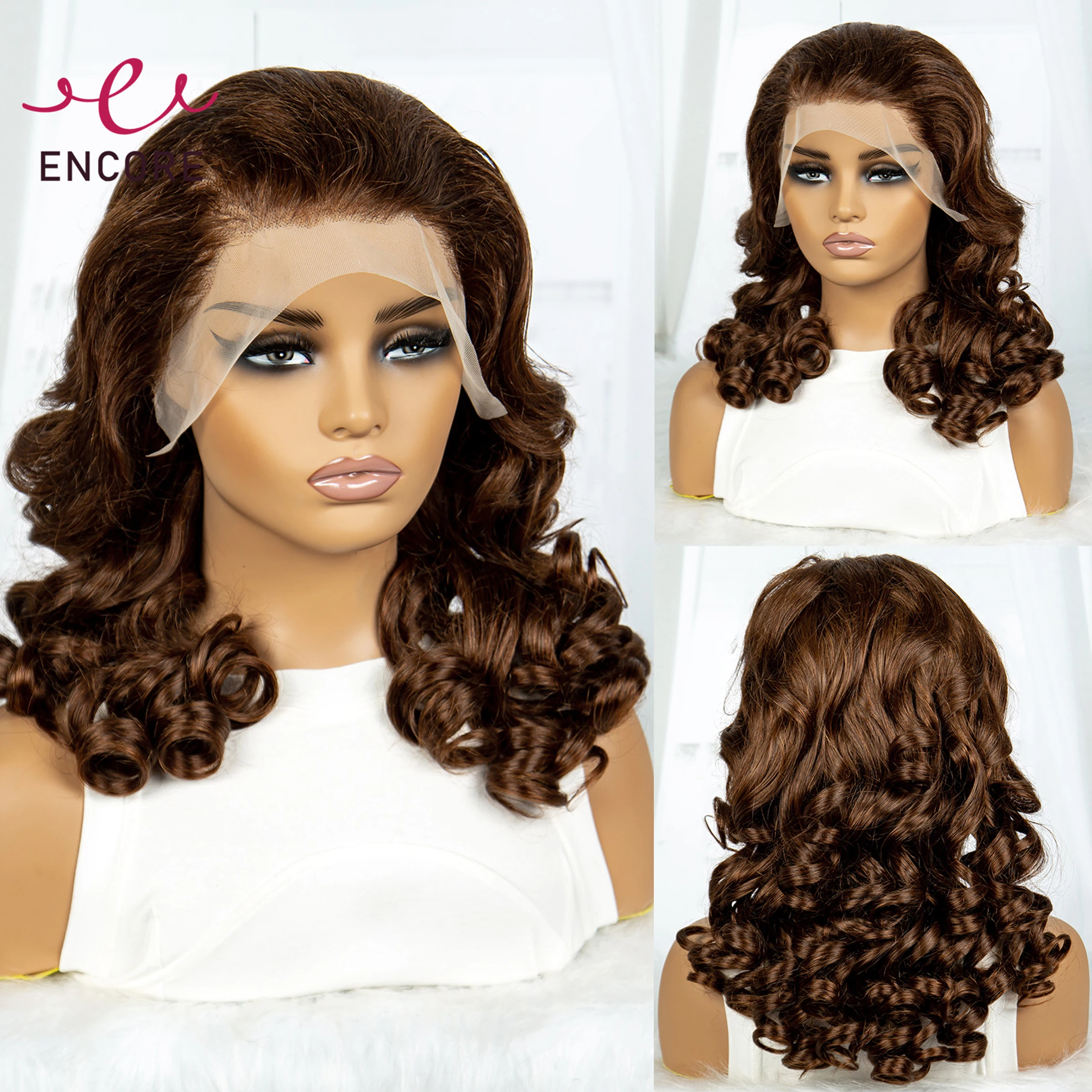 

Chocolate Brown 18Inch Bouncy Curly 13x4 Lace Frontal Wigs 300% Density Brazilian Remy Human Hair Wigs Curly Hair Wigs for Women