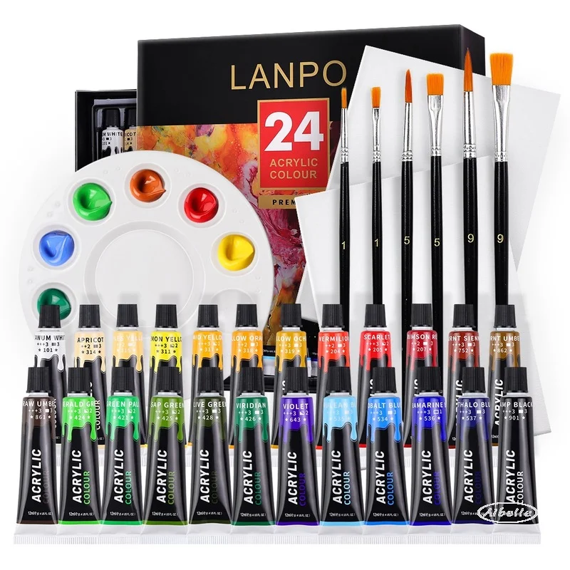 

Acrylic Paint 12/24 Colors 12ml Tube Acrylic Paint Set,with 6 Nylon Brushes, 1 Palette, Paint for fabric Painting Rich Pigments