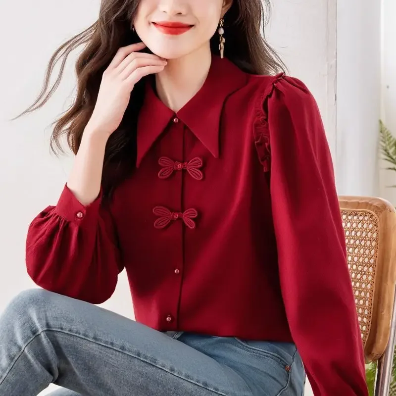 

New Style Shirt for Women Long Sleeves Black Ears New Chinese Style Folding Bow Top