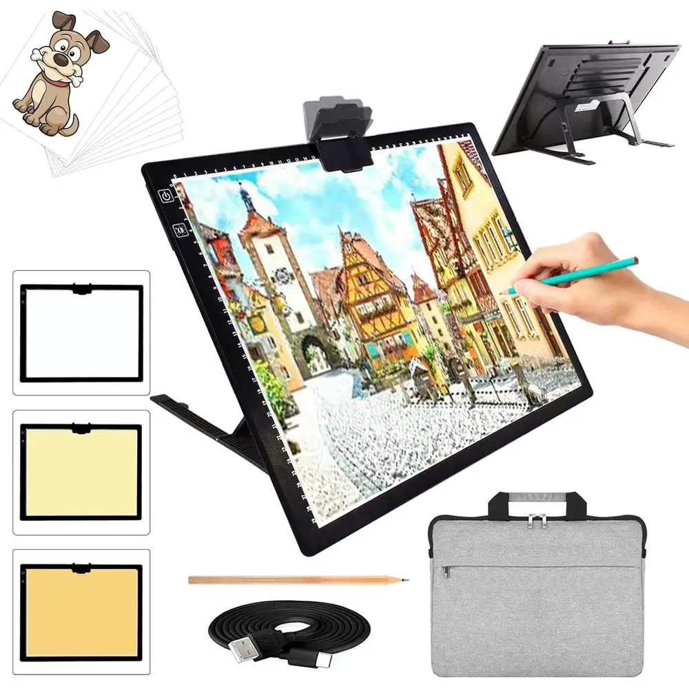 

A3 LED Light Pad with Carry Bag, Wireless Rechargeable Light Board with Stand and Top Magnetic Clip 3 Colors Stepless Dimmable 6