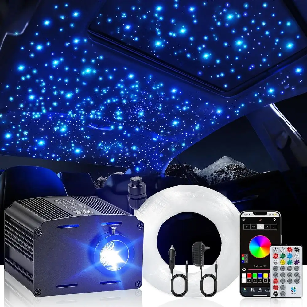 

Комплект оптоволоконной подсветки Car Starlight, RGBW 16W, 1100 волокон, 0.02 дюйма, 9.8 футов, с управлением через приложение и пультом ДУ