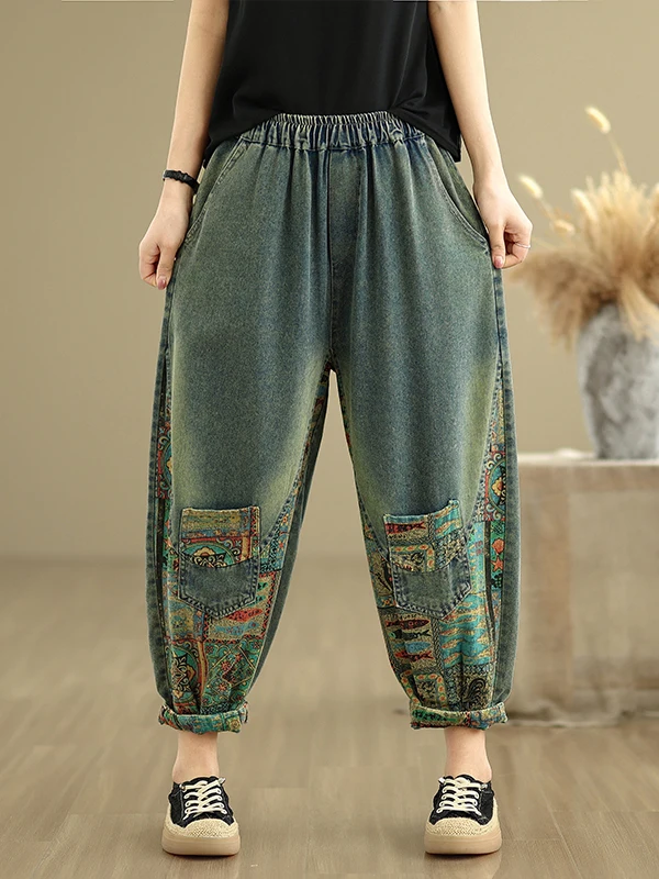 

Summer Thin Waed out White Ethnic Sle Patchwork Harlan Casual Elastic Waist Loose Jeans Nine Point Pants Women's Faion