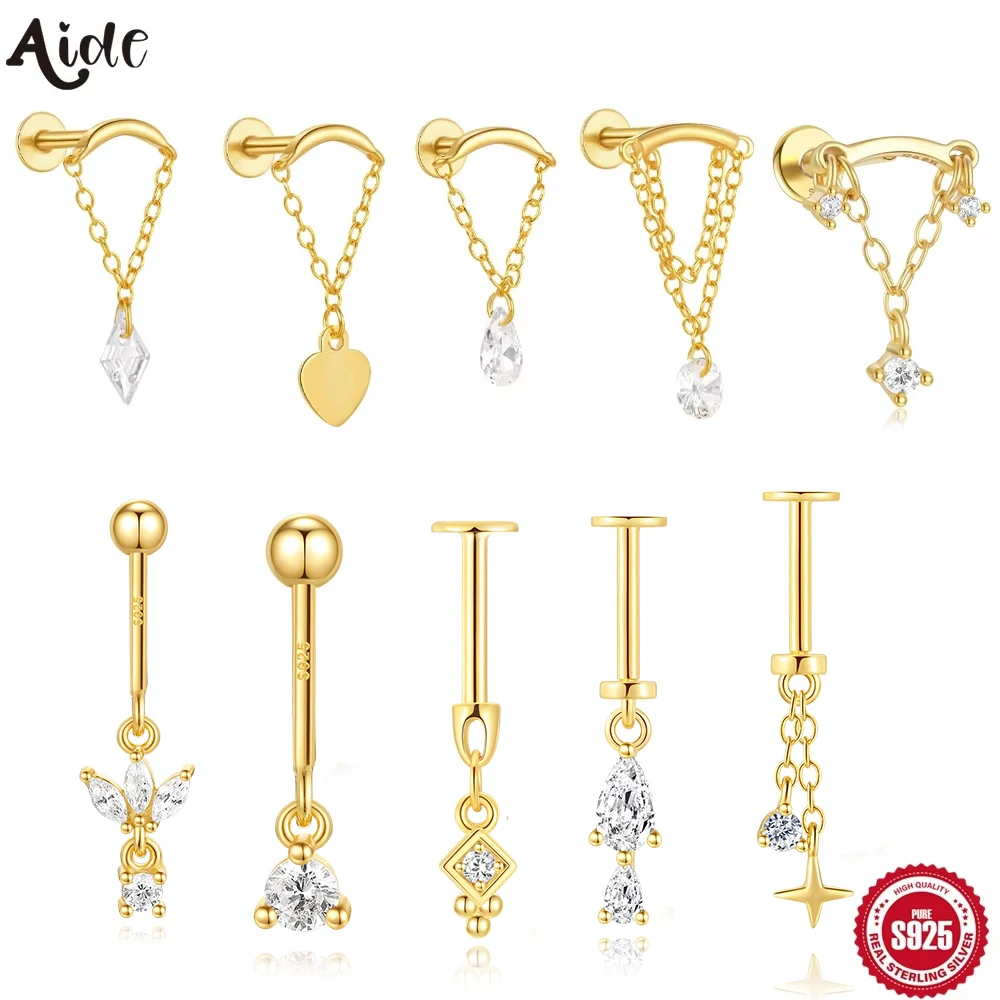 AIDE 925 Sterling Silver Cartilage Stud Women\'s Earrings Septum Piercing Zircon Ear Hoop Lobe Tragus Helix Jewelry Pendientes