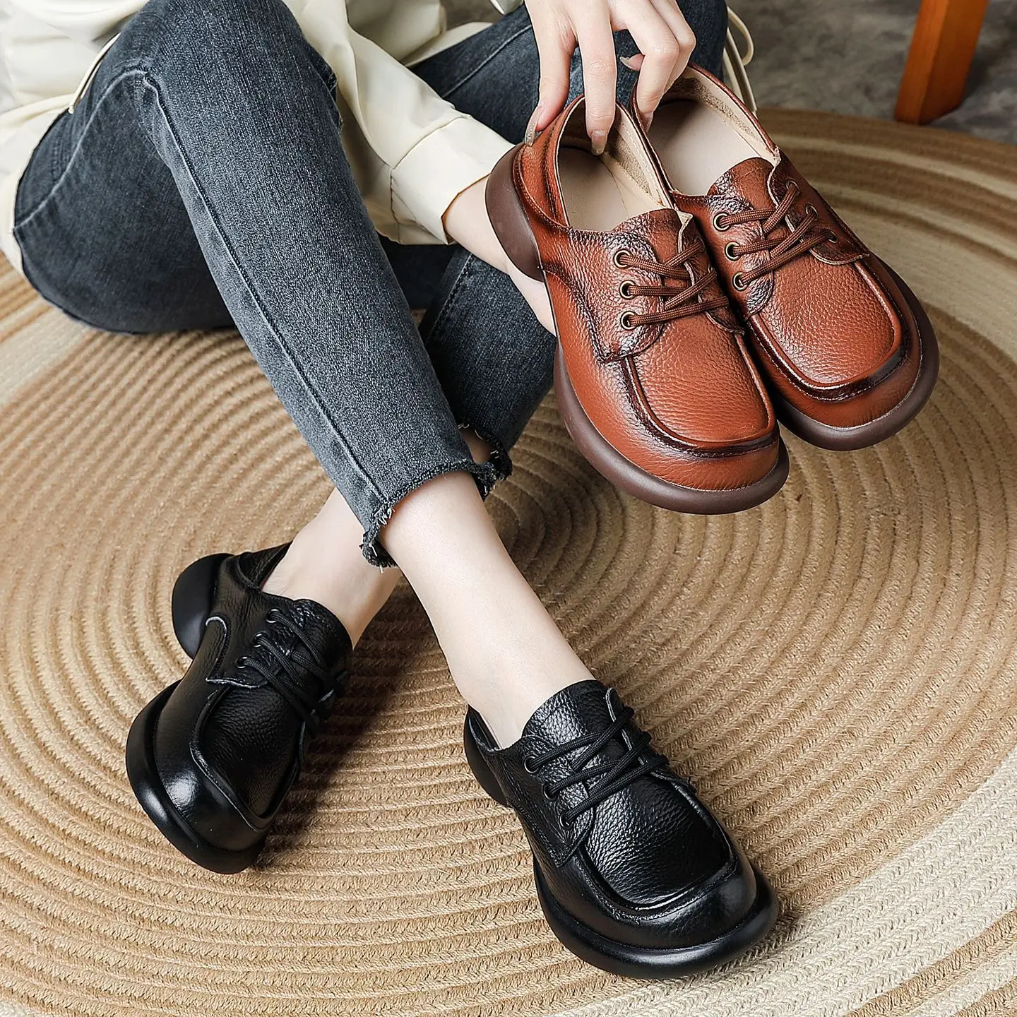 

Soft Leather Oxford Shoes Women's Spring New Style Retro British Thick Bottom Flat Shoes Comfortable All-Match Mom Shoes