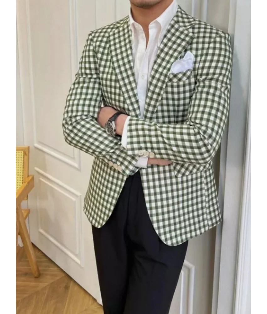 

New plaid leisure banquet performance host suit, single-breasted, High Quality 2-piece slim-fit Men's Suit ( Blazer+Pants )