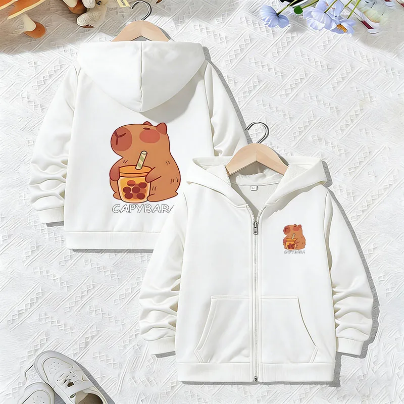 Graphic Hoodie Cute Capybara Drinking Jacket for Boys Girls Zipper Spring and Autumn Trendy Animal Cartoon Sweatshirts Zip Up