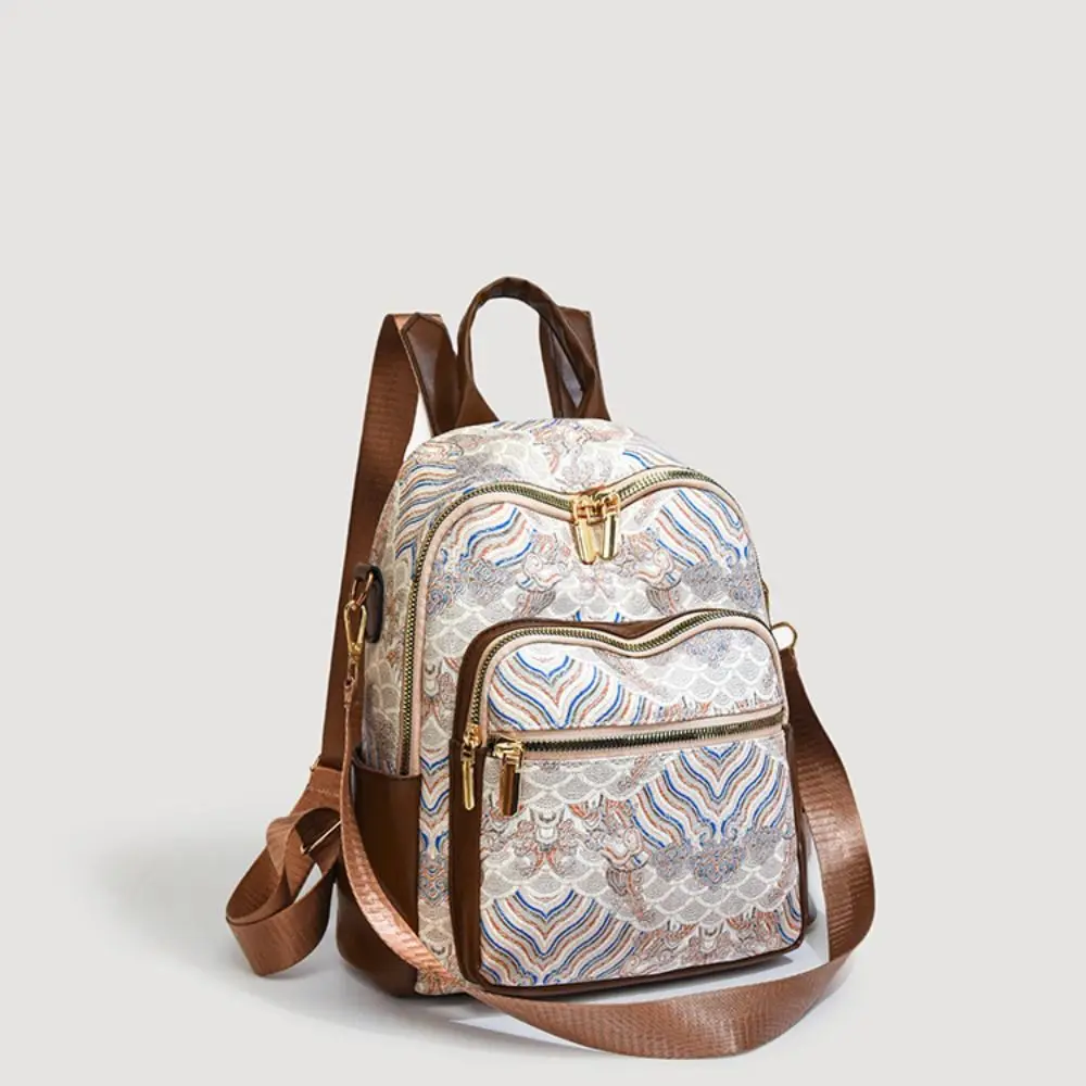 Large Capacity Women Casual Backpack Pu Top Handle Ethnic Style Shoulder Bag Daypack All-match Mini Travel Backpack Women