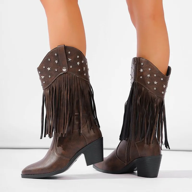 Fashion Women Western Cowboy Mid Calf Boots Block Heel Pointed Toe Star Rivet Tassel Retro Cowgirl Boots for Festival Party Shoe