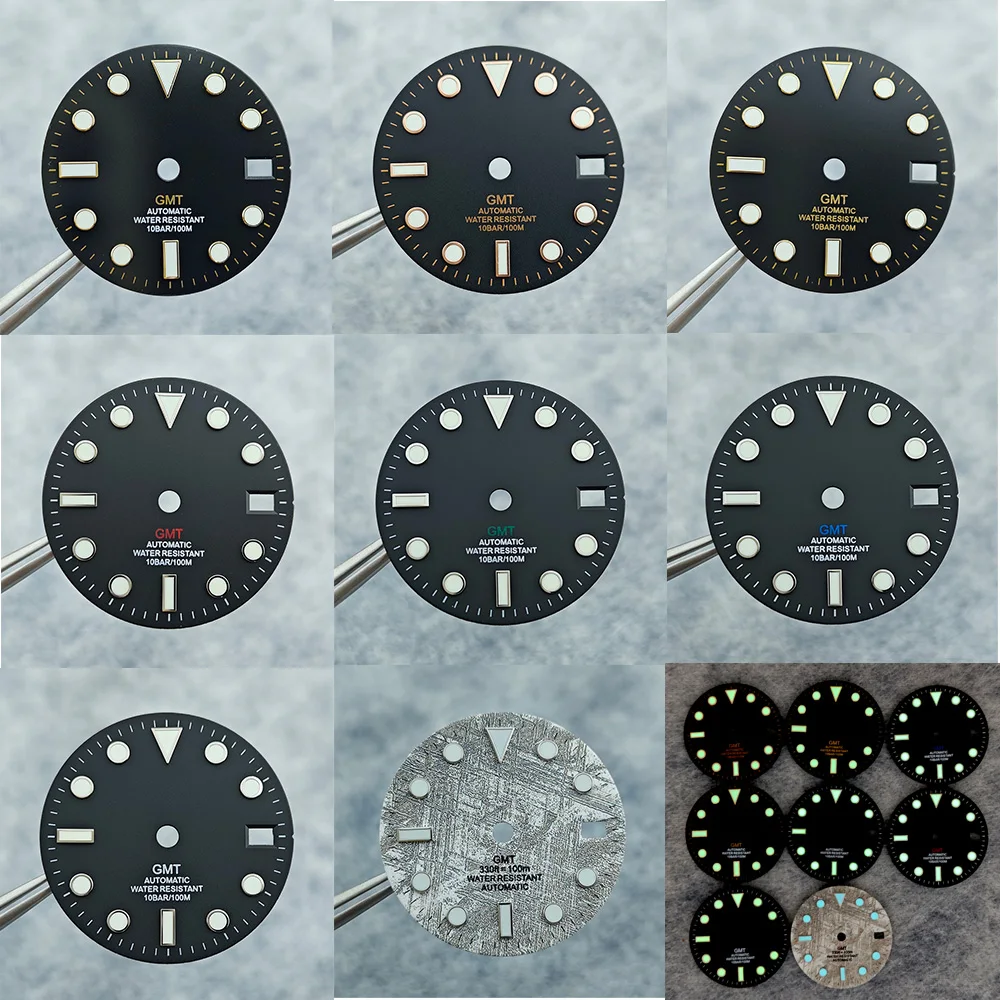 28.5 مللي متر NH34 الطلب ساعة الطلب أسود أزرق أخضر أزرق أحمر برتقالي GMT نص أسود ذهبي روز حافة لحركة NH34 C3 مضيئة