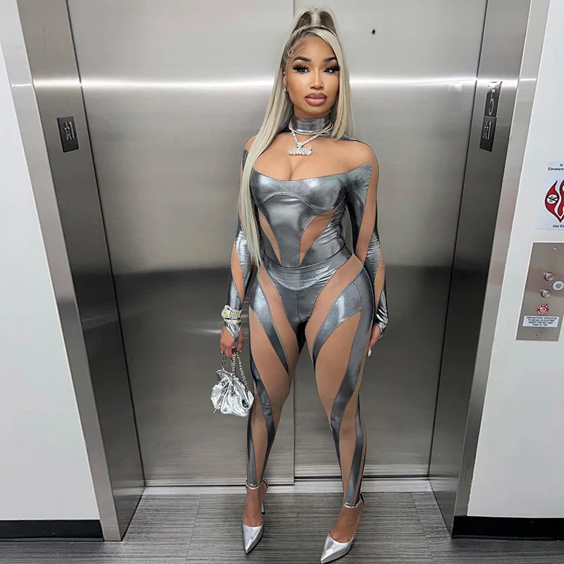 Sexy Queen Mesh Silver Strip Stitch Slim Jumpsuit For Women Girl Alien Robot Cosplay Party Zentai Bodysuit Halloween Costume