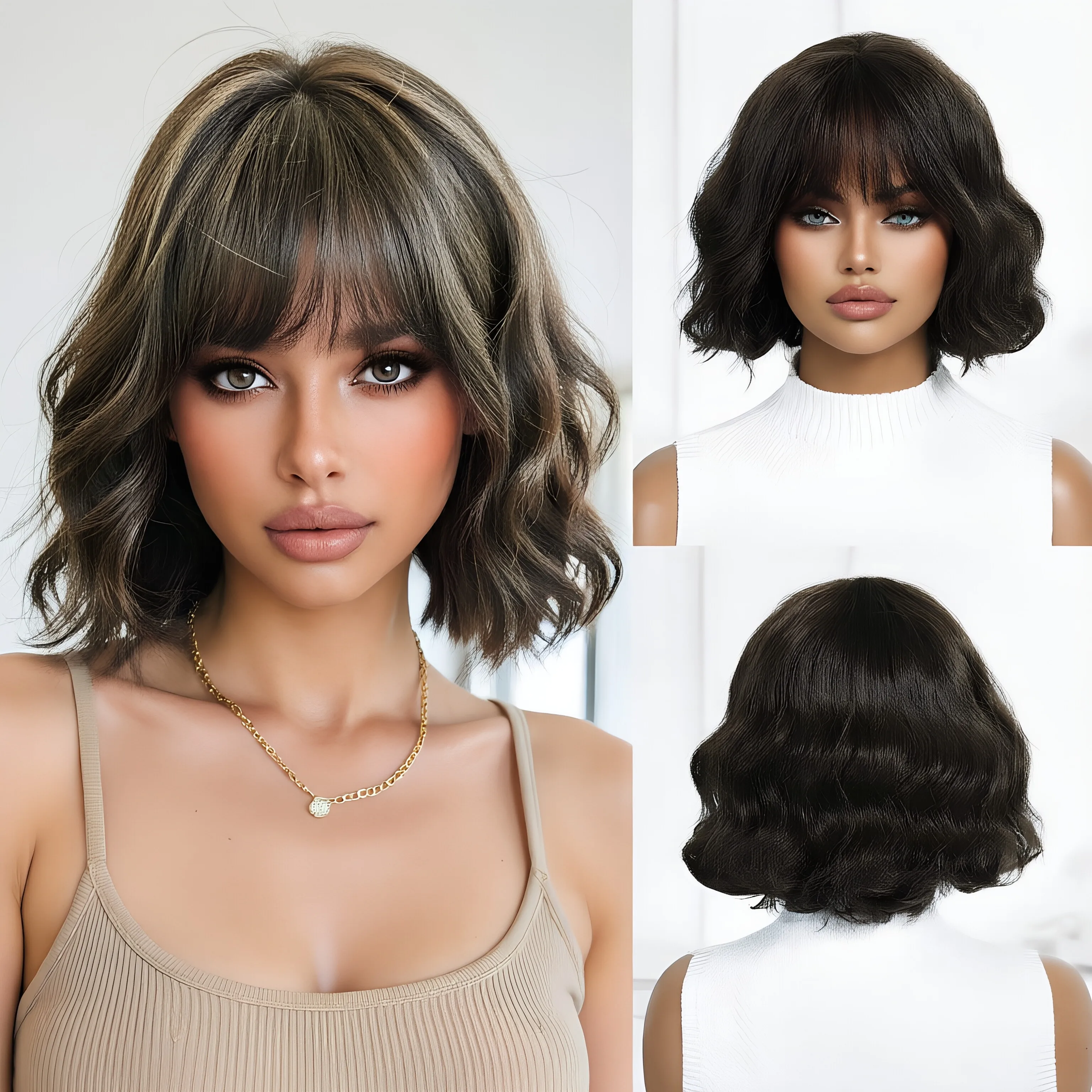 

Short curly hair wig, European and American style, bangs, rose net, synthetic mechanism, synthetic fiber hair, summer
