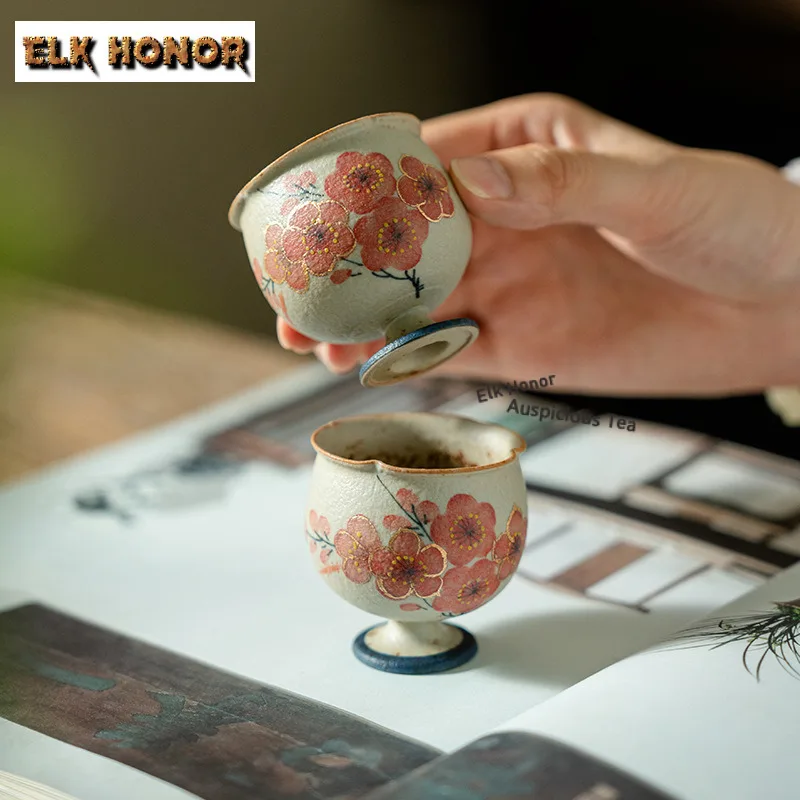 1pc 50ml Hand-painted Plum Blossoms Teacup Retro Tea Bowl Mug Tea-tasting Meditation Cup Jianzhan Master Cups Teaset Tableware