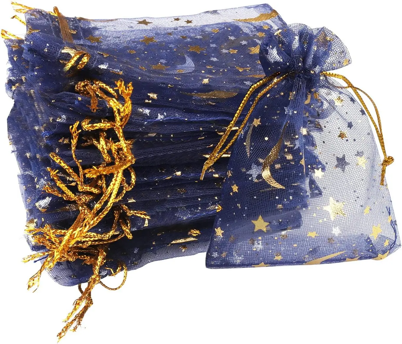 100 Peças de Sacos de Organza para Joias e Doces com Estampa de Lua e Estrela, 7x9cm, Sacos Pequenos de Organza Azul Marinho com Cordão