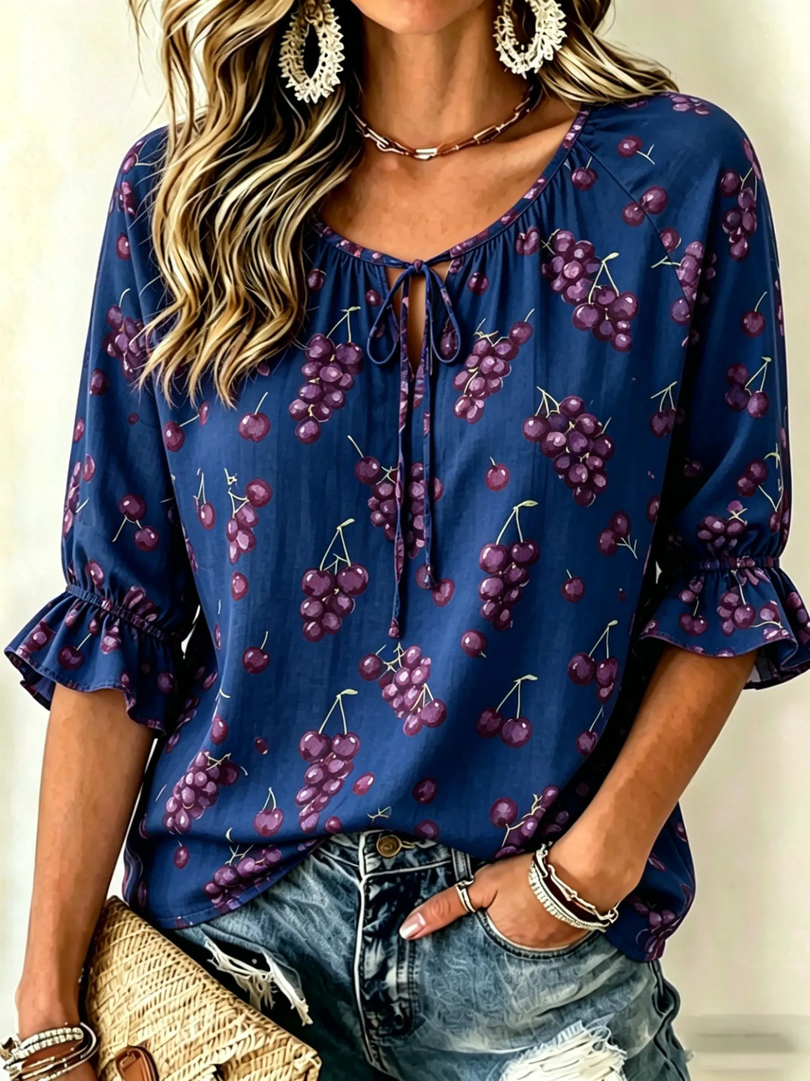 

Women's Navy Blue Grape Print Tie Front Blouse, Casual Loose Top for Spring Summer Daily Wear