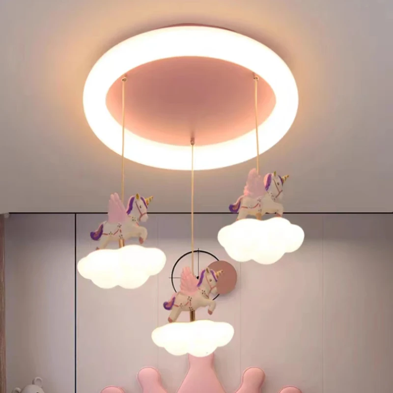 Warm Romantic Princess Room Chandelier Cute Cloud Unicorn Lamp LED Modern Nursery Little Girl Bedroom Children\'s Room Chandelier