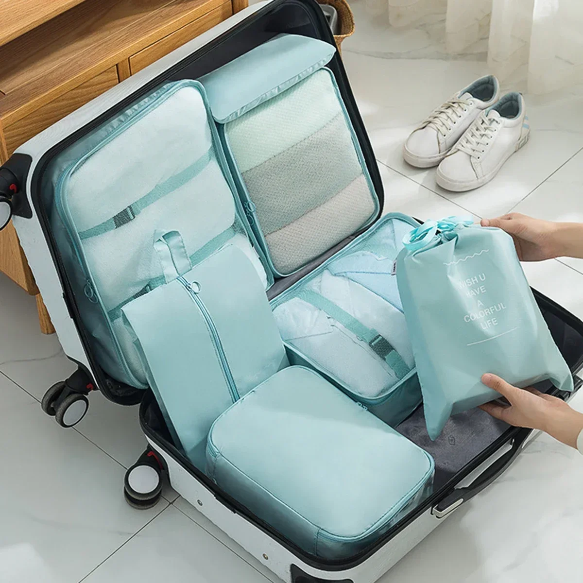 مجموعة مكعبات تعبئة السفر مكونة من 7 قطع - منظم أمتعة مضغوط شفاف للاستخدام في الحقيبة والملابس والرحلات #1