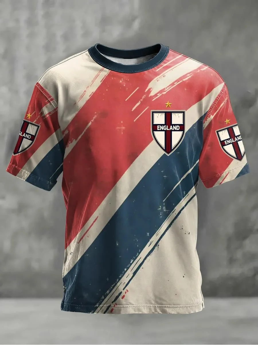 England National  Men Soccer T-shirt St George Cross Shield Crew Neck Raglan Sleeve Red Trim Fan Sports Short Sleeve Jersey