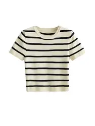 Women Fashion Striped Basic Cropped Knit Sweater Vintage O Neck Short Sleeve Female Pullovers Chic Tops