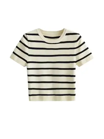 TRAF 여성 패션 스트라이프 기본 자른 니트 스웨터 빈티지 O 넥 반팔 여성 풀오버 Chic Tops