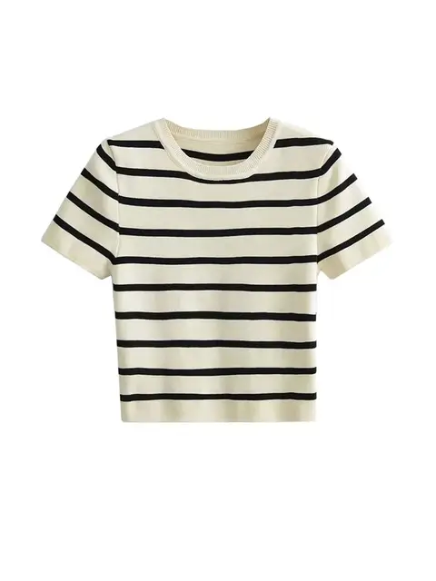 Damski sweter z dzianiny w paski, krótki, podstawowy, vintage, z okrągłym dekoltem, z krótkim rękawem, eleganckie bluzki.