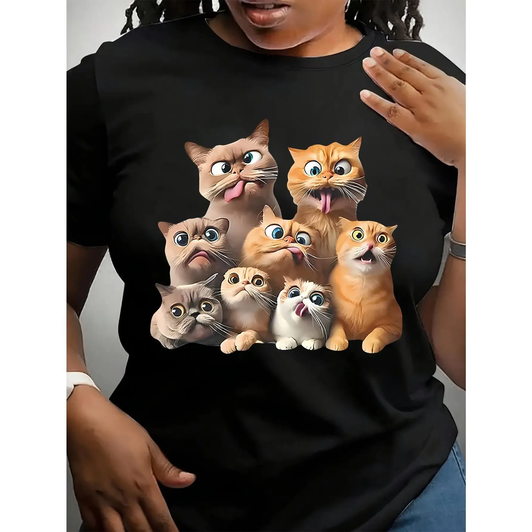 

Chic Cat Print Casual T-Shirt For Women - Soft Polyester, Crew Neck, Short Sleeve, Perfect For Spring & Summer