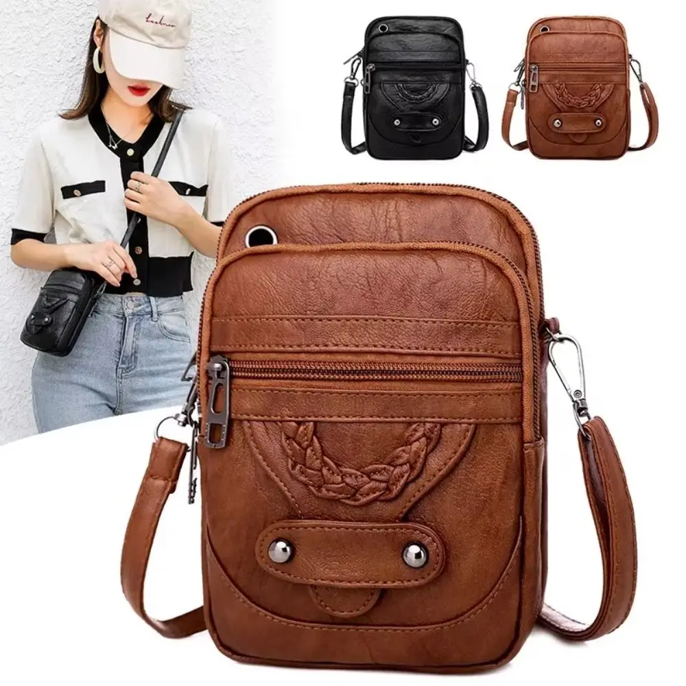 Double Layer Crossbody Phone Bag Large Capacity with Headphone Jack Phone Chest Bag Universal Vintage Messenger Bag Mobile Phone