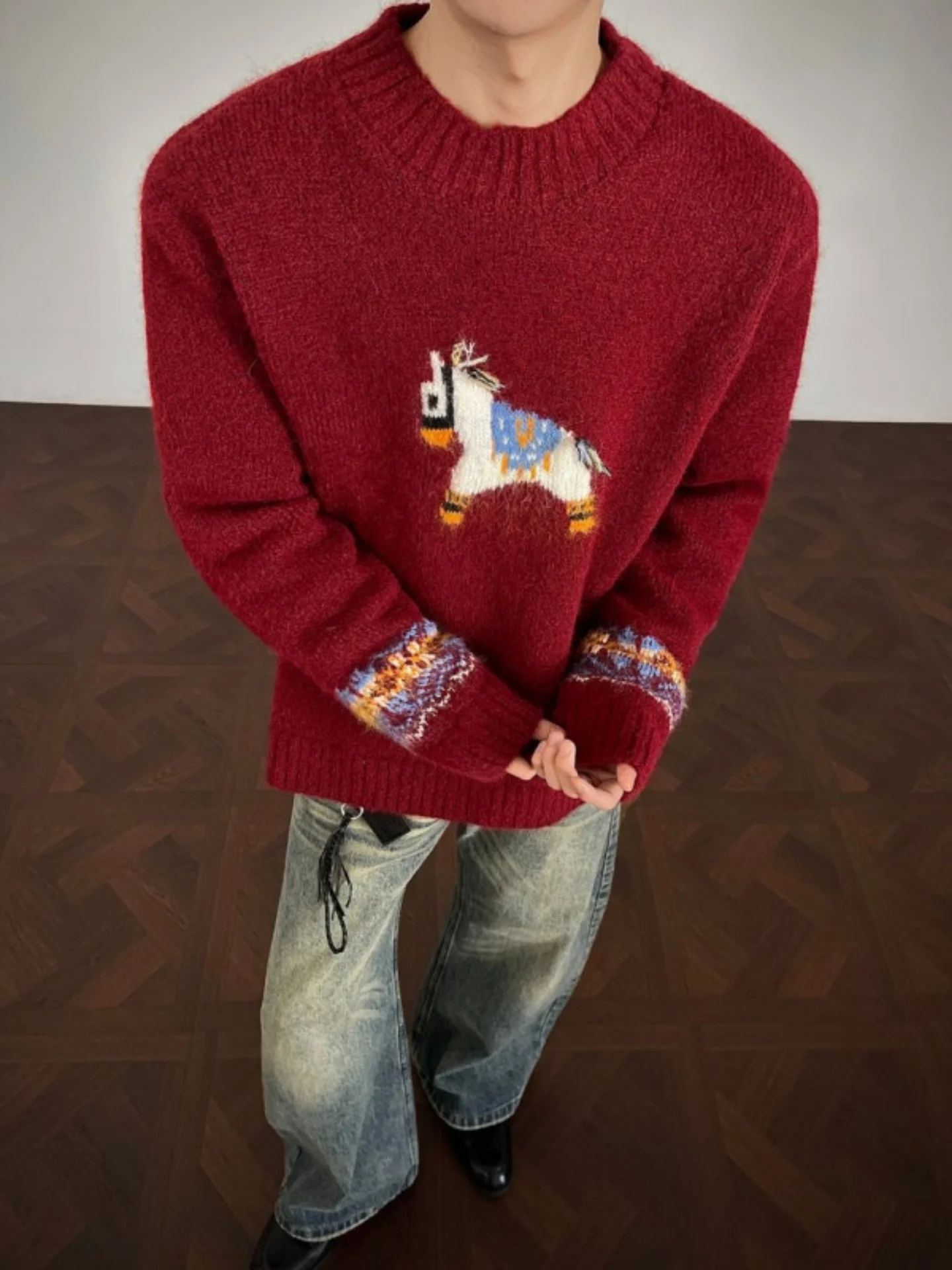 

Новогодний мужской свитер Fair Isle с ретро-принтом, круглым вырезом, мягкий, удобный, из полиэфирного волокна, для повседневной носки.